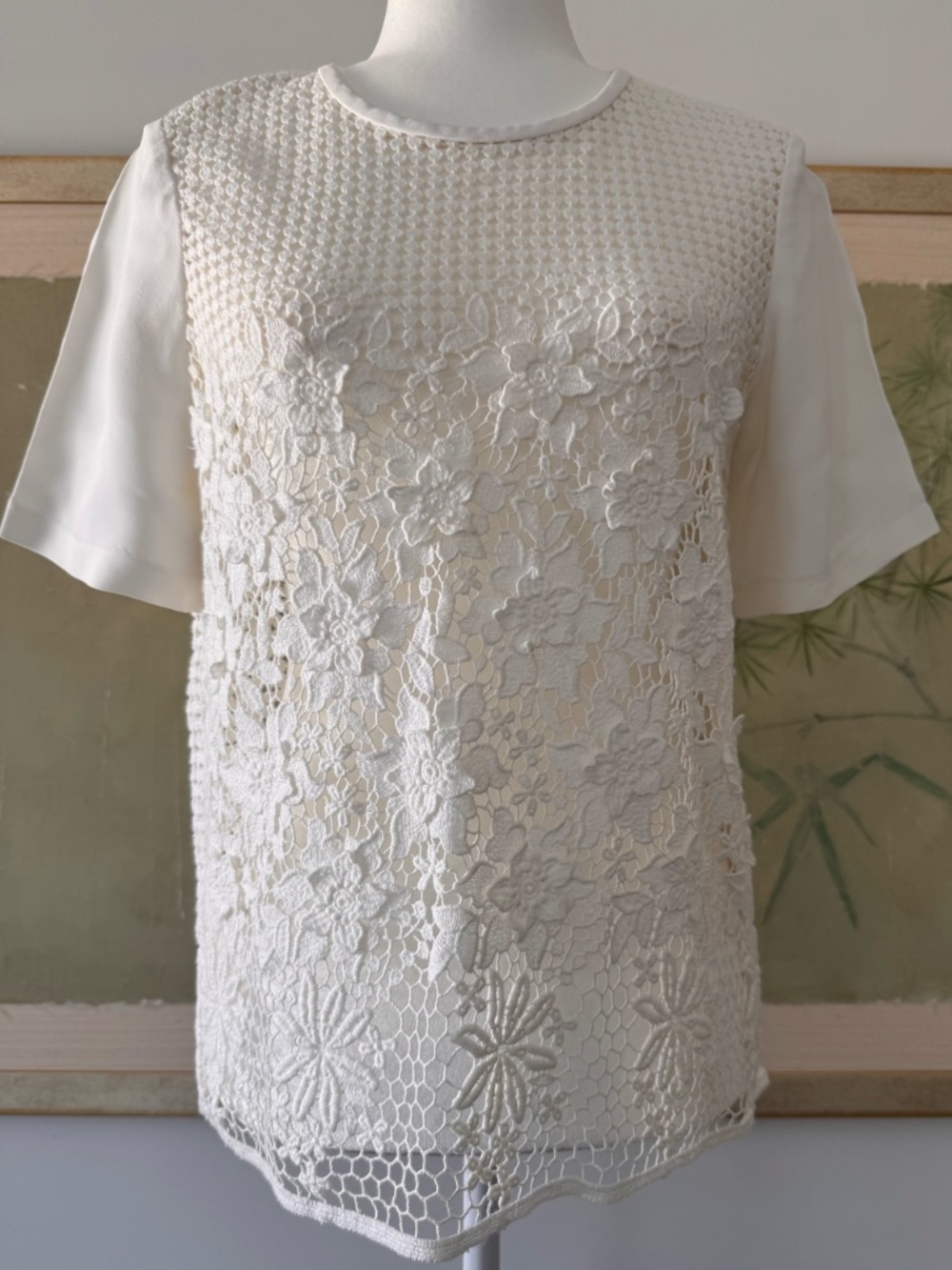 TIBI White Crepe Lace Top